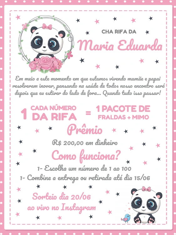 Convite Chá Rifa Pandinha Rosa para Editar Online