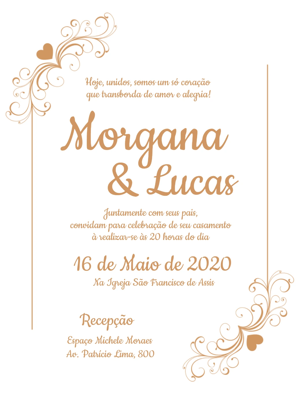Convite de Casamento Dourado Elegante com Corações para Editar