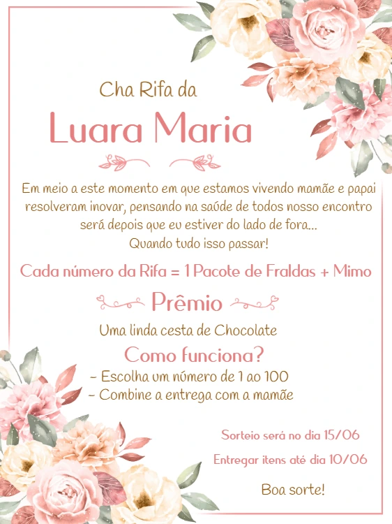 Convite Chá Rifa de Fraldas Floral para Editar Online