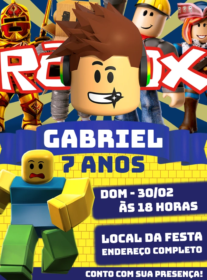 Convite de Aniversário Roblox com Personagens para Editar Online