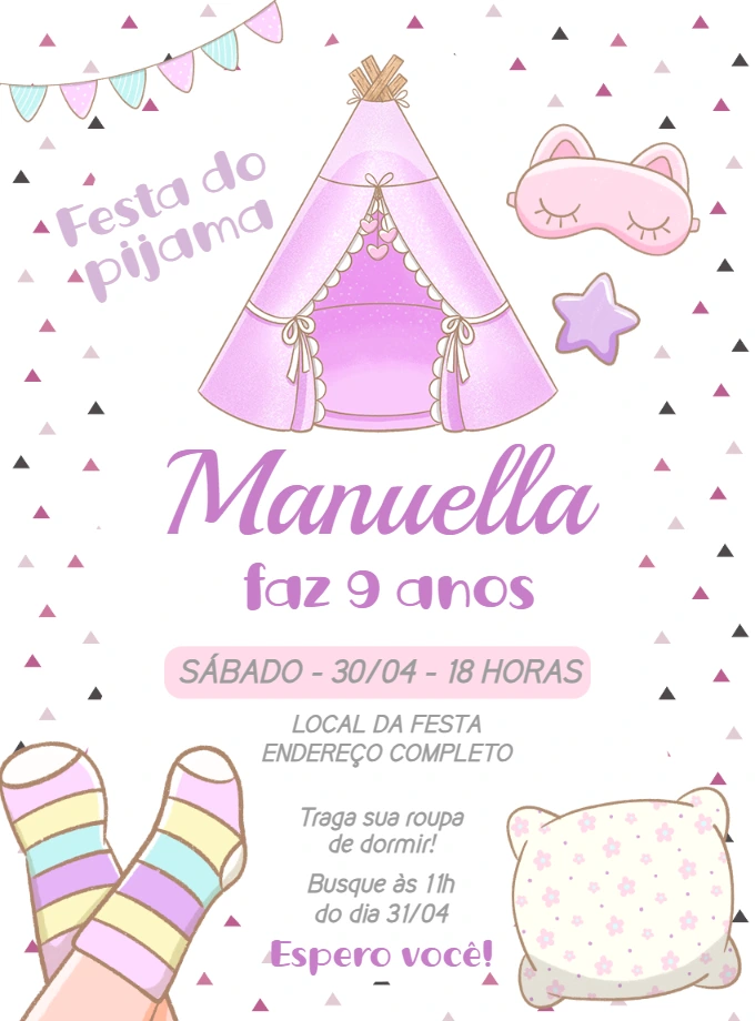 Convite Aniversário Festa do Pijama com Tenda para Editar Online