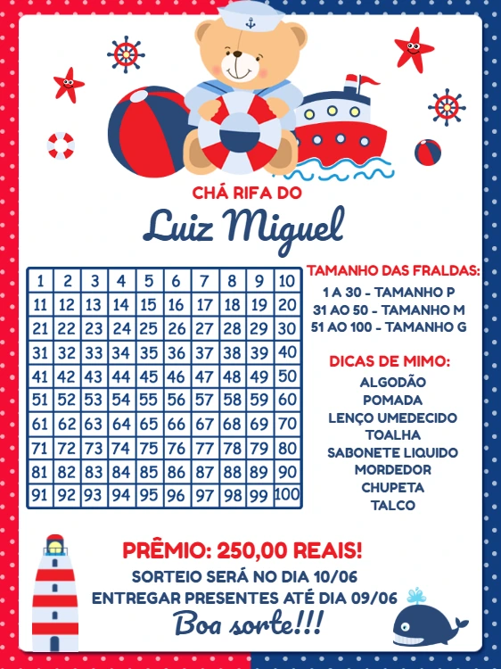 Chá Rifa Ursinho Marinheiro para Editar e Imprimir Online