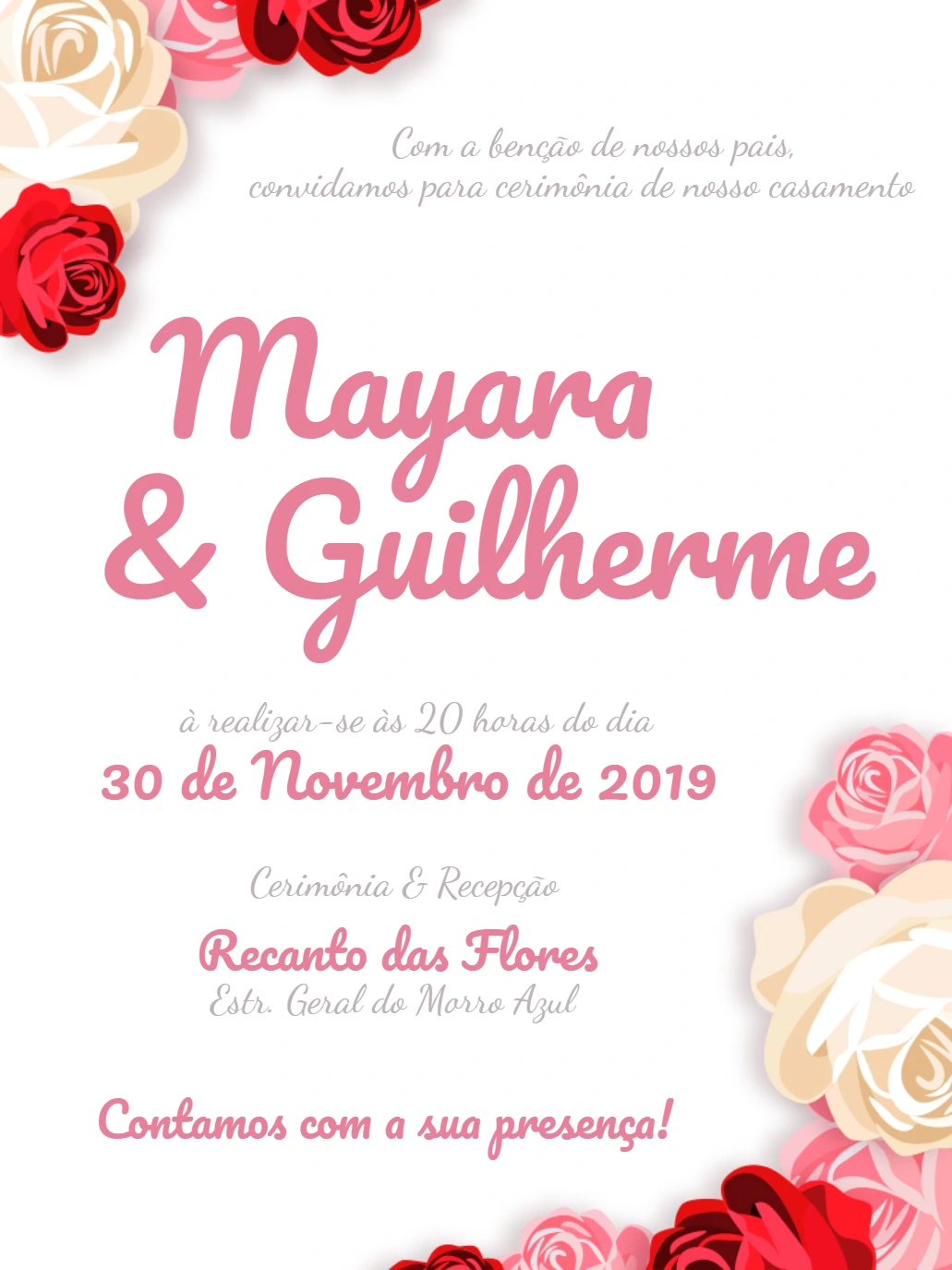 Convite de Casamento Floral com Rosas para Editar Online