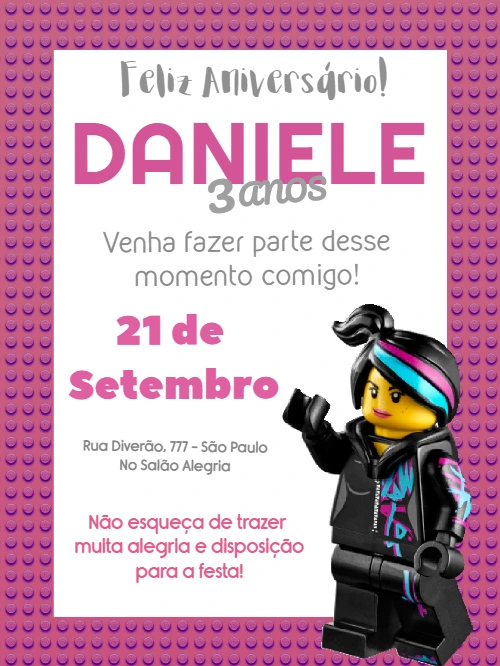 Convite de Aniversário Lego Menina para Editar Online