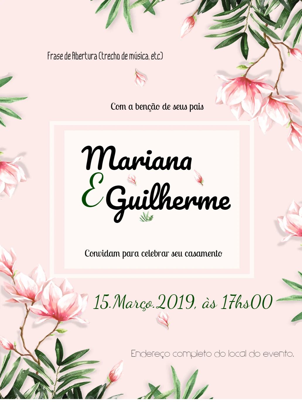 Convite de Casamento Floral com Magnólias para Editar Online