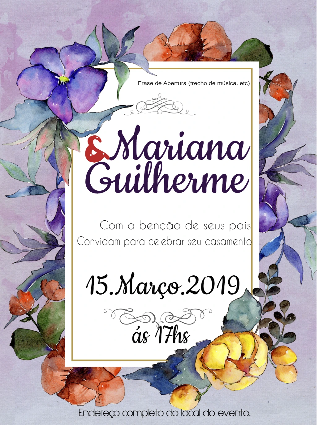 Convite de Casamento Floral Aquarela para Editar Online