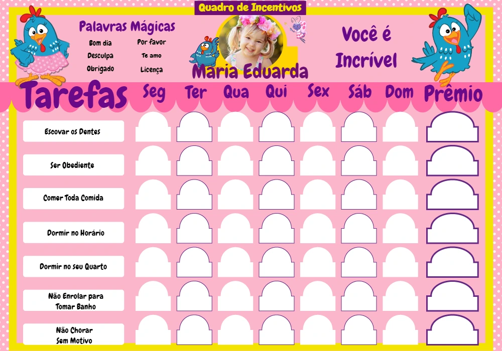 Quadro de Incentivos Galinha Pintadinha para Editar Online