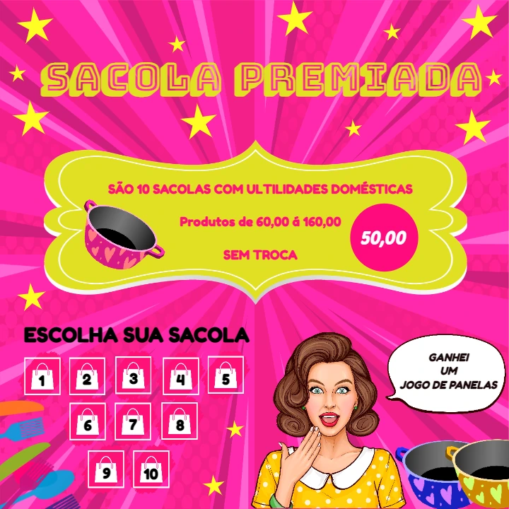 Arte Sacola Premiada Pop Art para Editar e Divulgar