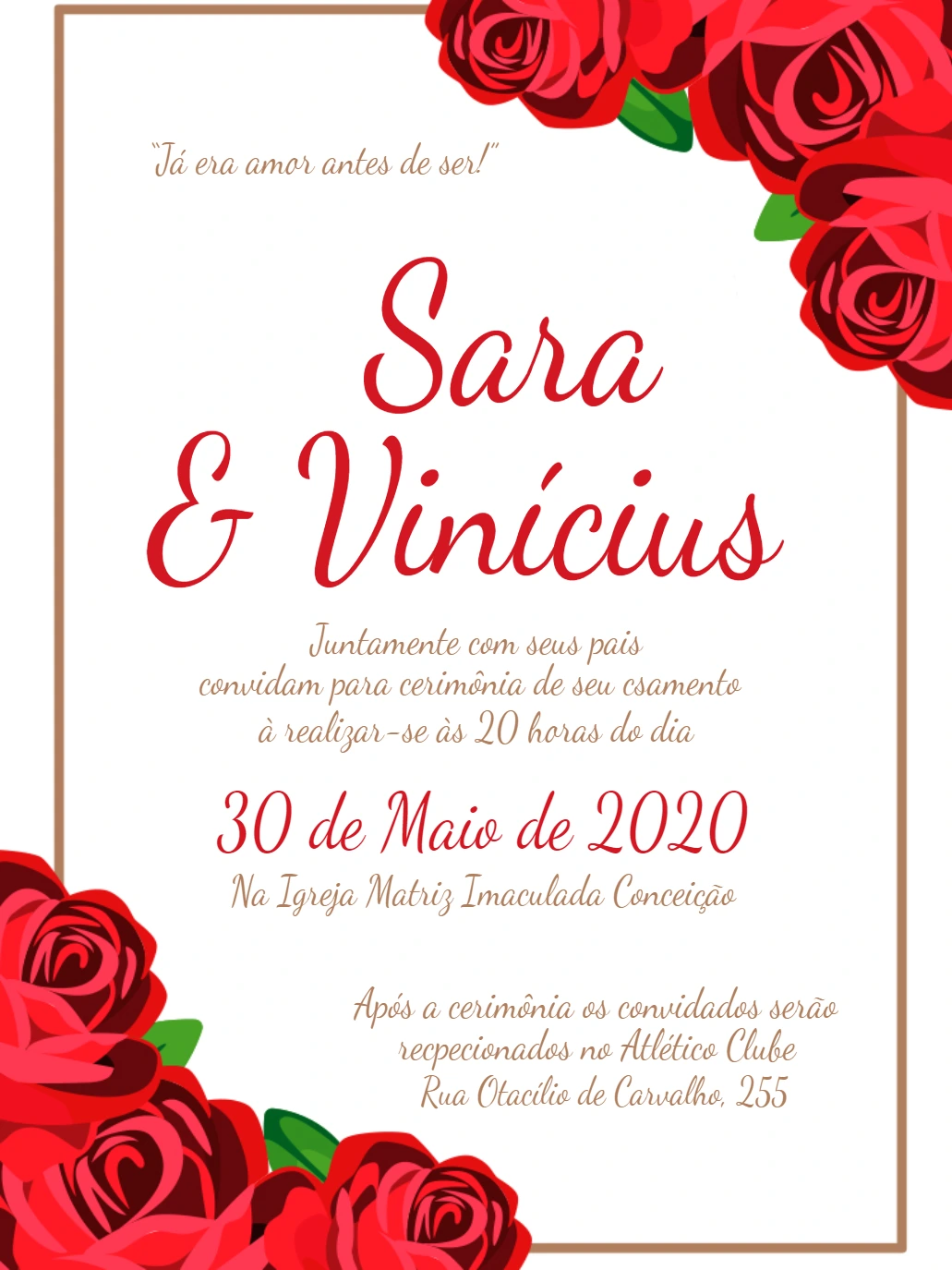 Convite de Casamento Floral com Rosas Vermelhas para Editar