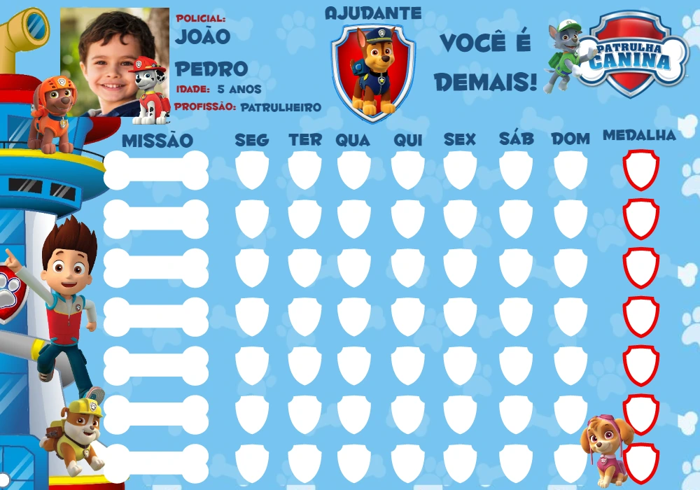 Quadro de Incentivos Patrulha Canina para Editar Online