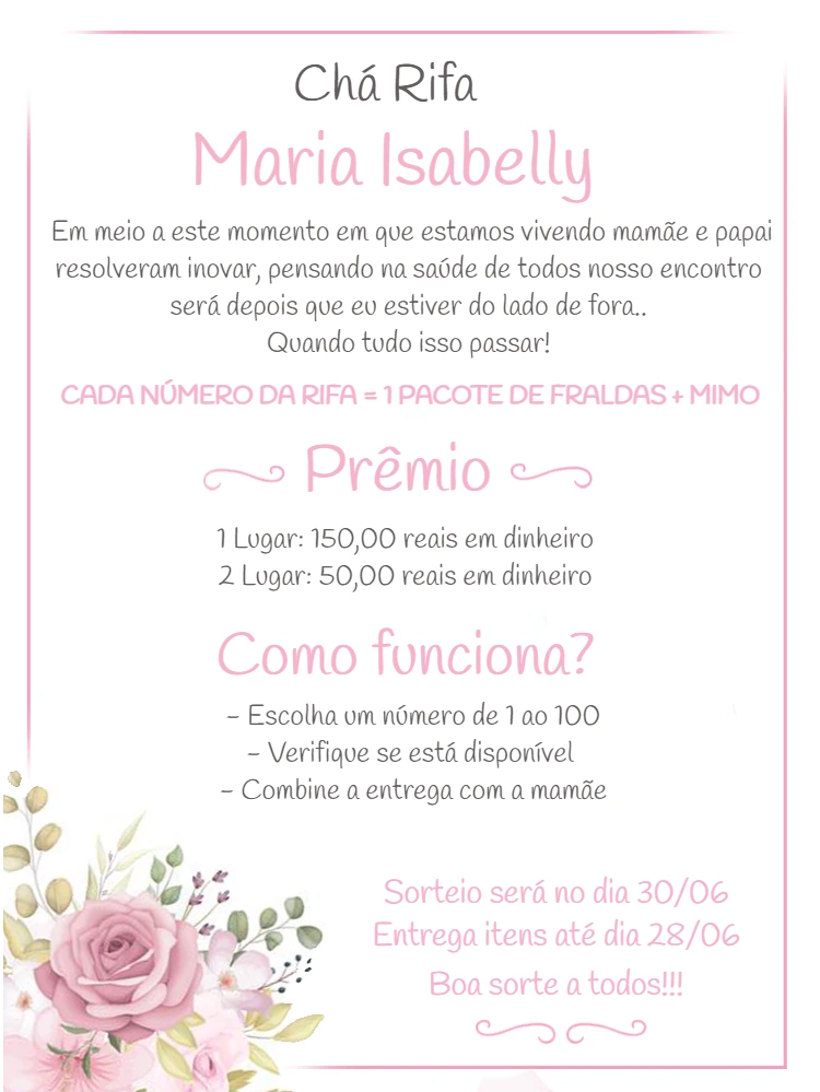Convite Chá Rifa Floral com Rosas para Editar Online