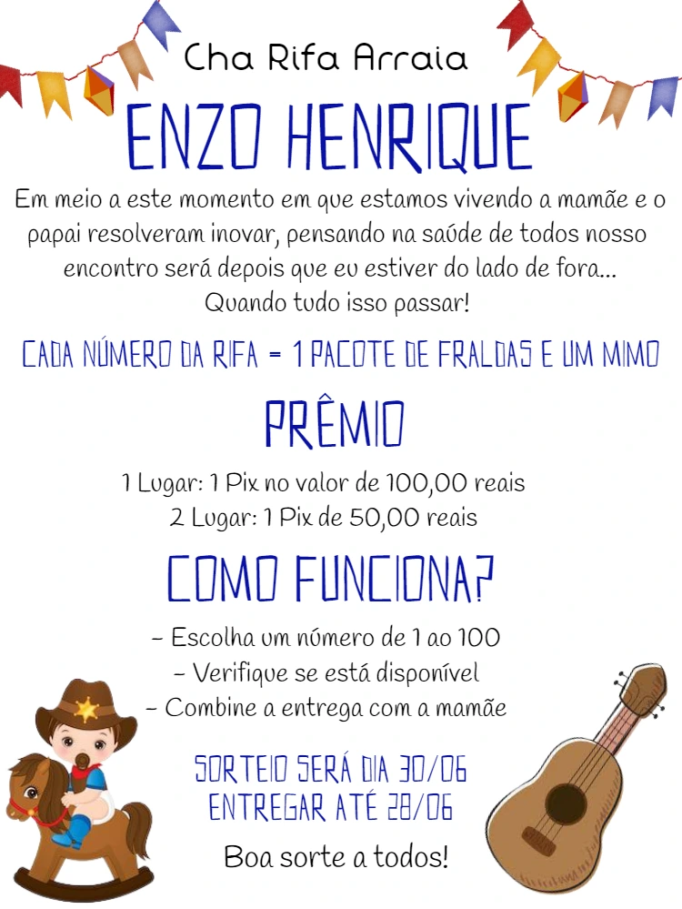 Convite Chá Rifa Arraiá Festa Junina para Editar Online