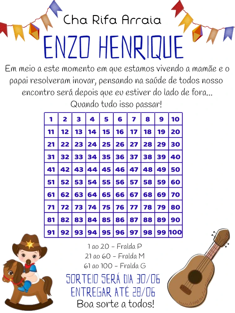 Convite Chá Rifa Festa Junina Menino Caipira para Editar Online