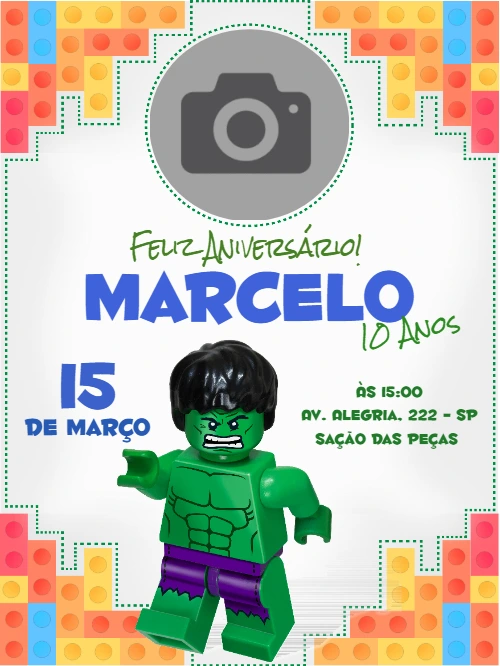 Convite Aniversário Hulk Lego com Foto para Editar Online