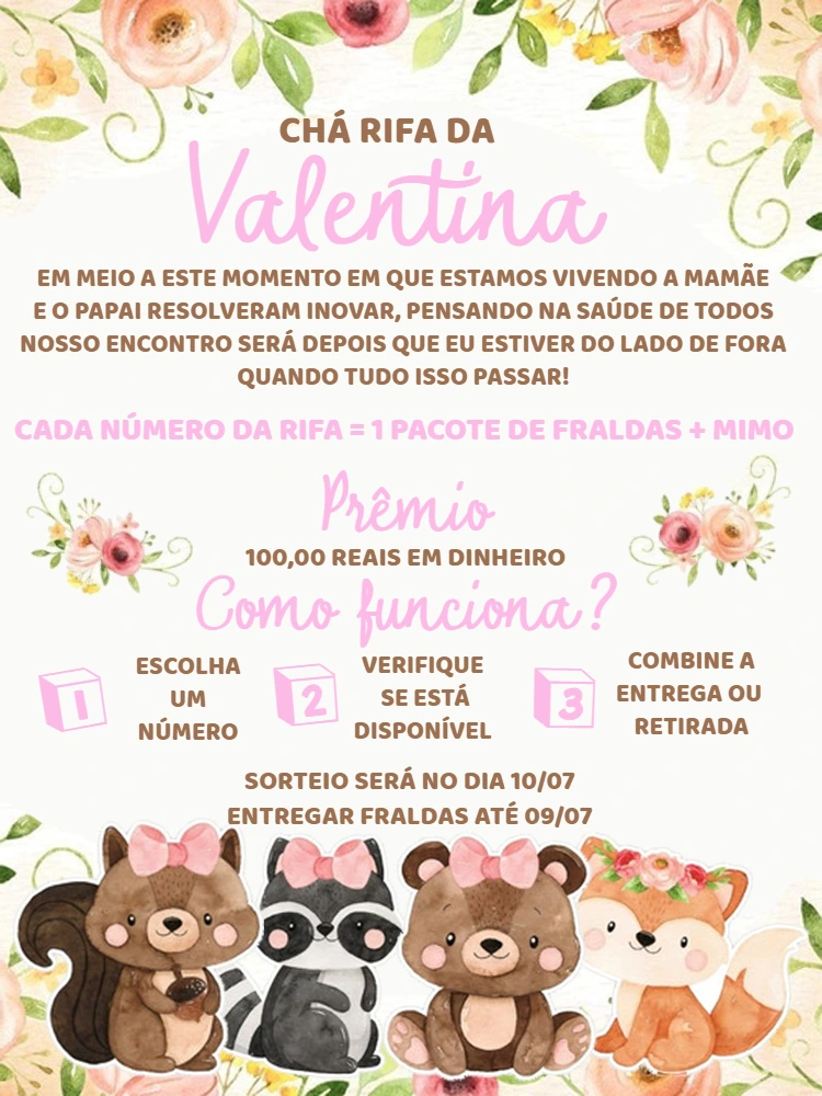 Convite Chá Rifa Bosque Encantado com Animais para Editar Online