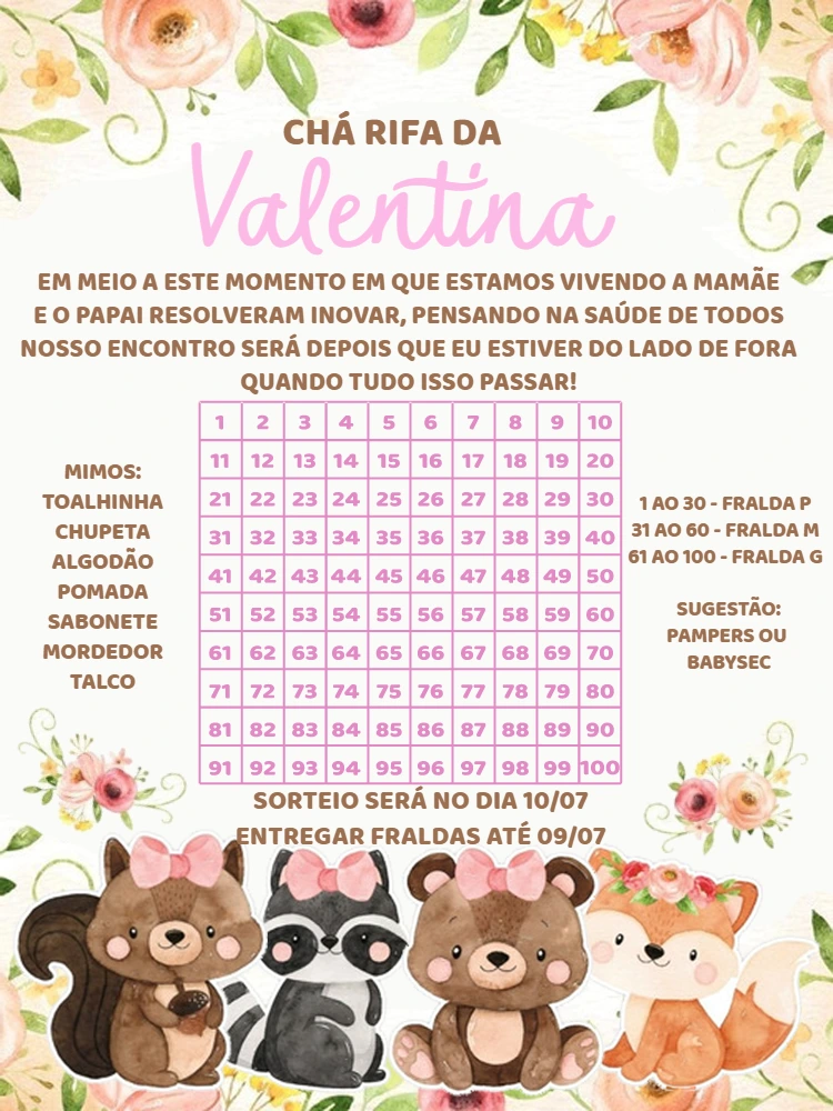 Convite Chá Rifa Bosque Encantado com Animais para Editar