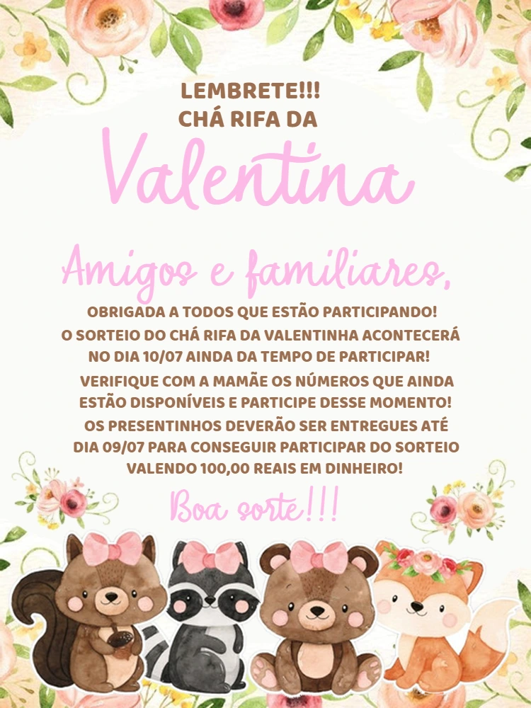 Convite Chá Rifa Bosque Encantado com Animais para Editar Online