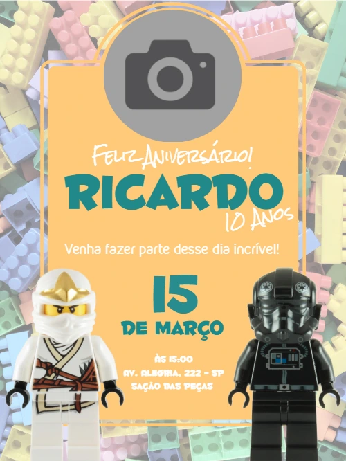Convite de Aniversário Lego com Foto para Editar Online