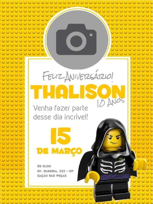Convite de Aniversário Lego com Foto para Editar Online