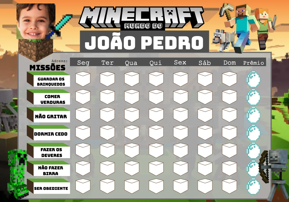 Quadro de Incentivos Minecraft Editável Online para Crianças