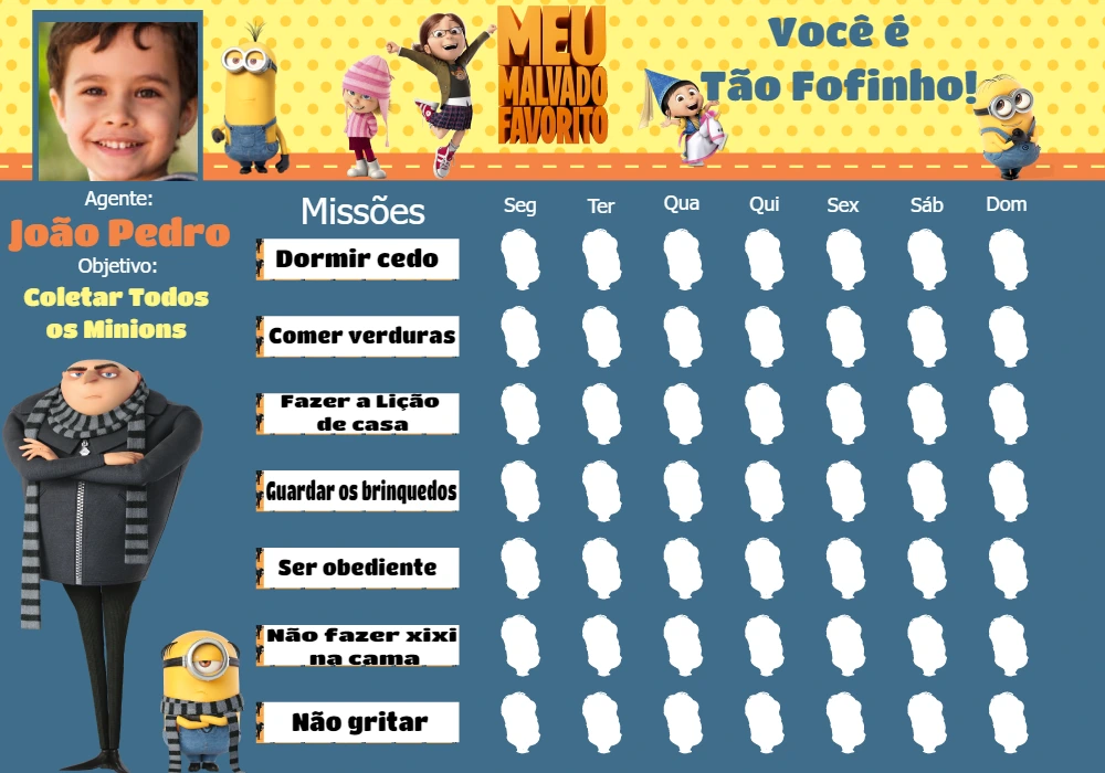 Quadro de Incentivos Meu Malvado Favorito para Editar e Imprimir