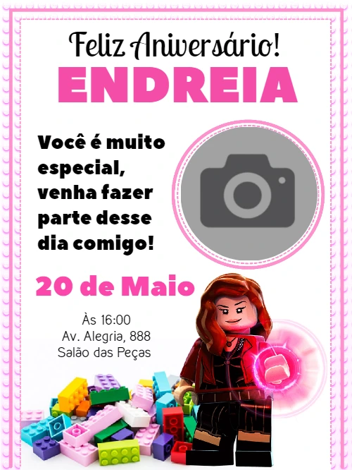 Convite Aniversário Lego Super-heroína com Foto para Editar