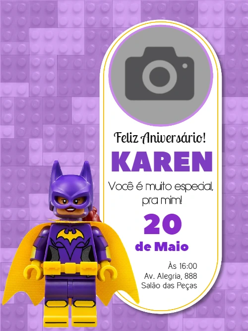 Convite de Aniversário Lego Batgirl com Foto para Editar