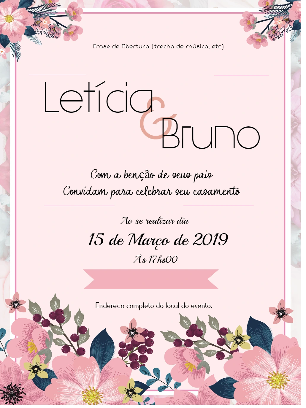 Convite de Casamento Floral Rosa Delicado para Editar Online