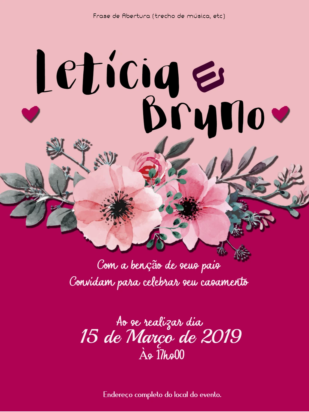 Convite de Casamento Floral Rosa para Editar Online