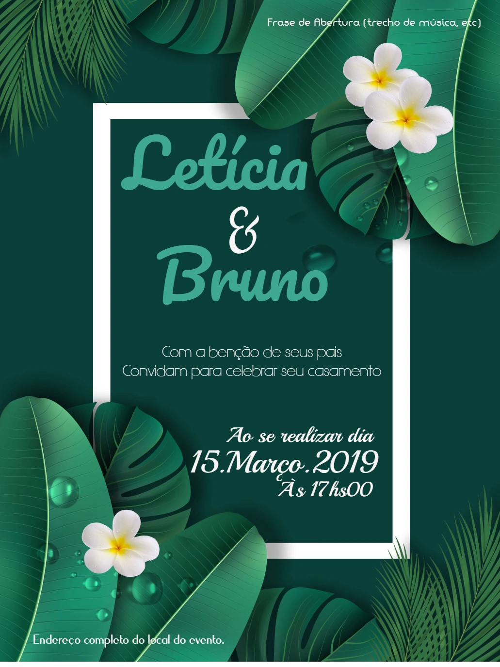 Convite de Casamento Tropical com Folhagens para Editar Online