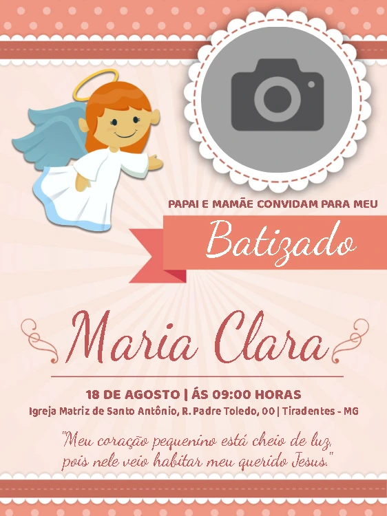 Convite de Batizado com Foto Anjinha para Editar Online
