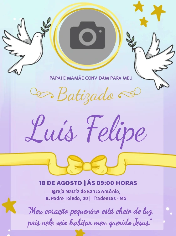 Convite de Batizado com Foto e Pombinhas para Editar Online