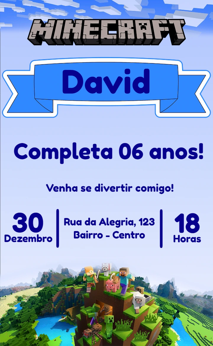 Convite de Aniversário Minecraft com Personagens para Editar