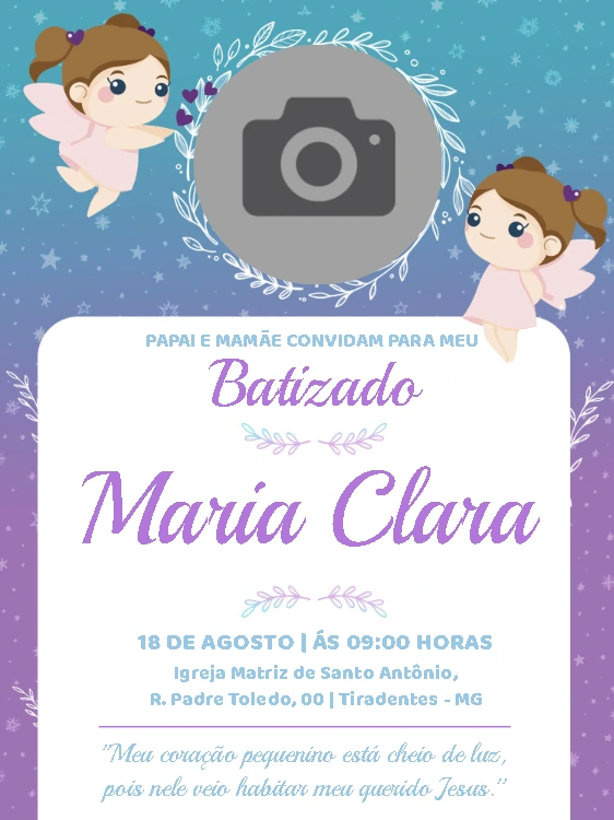 Convite de Batizado Anjinha com Foto para Editar Online
