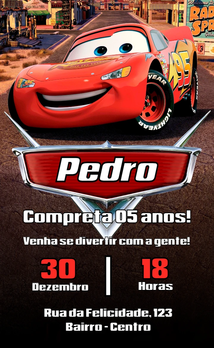 Convite de Aniversário Carros com Relâmpago McQueen para Editar