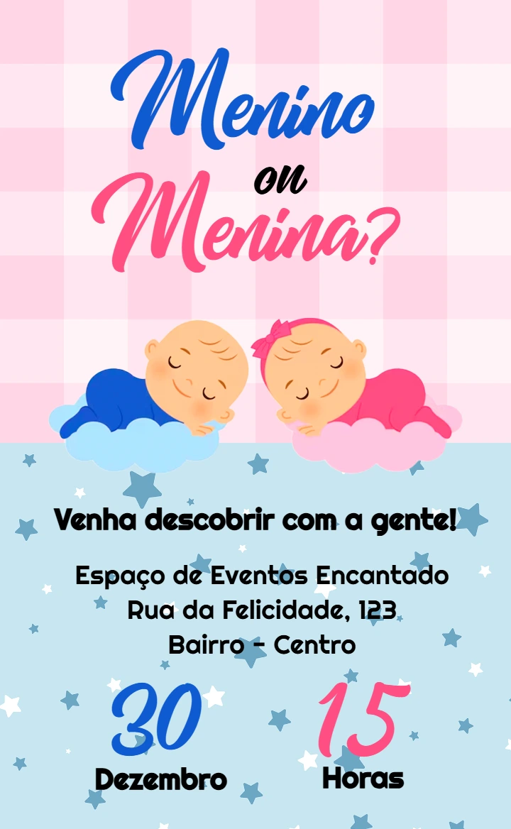 Convite Chá Revelação com Bebês nas Nuvens para Editar Online