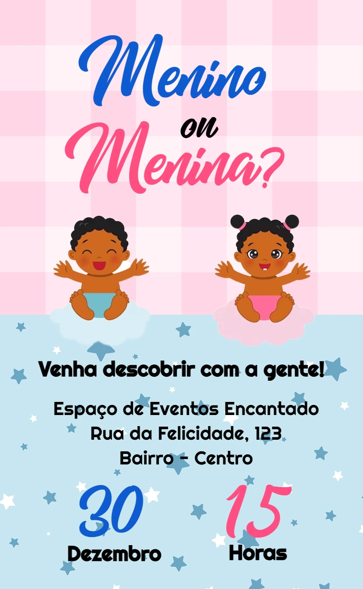 Convite Chá Revelação Bebês Negros Fofos para Editar Online