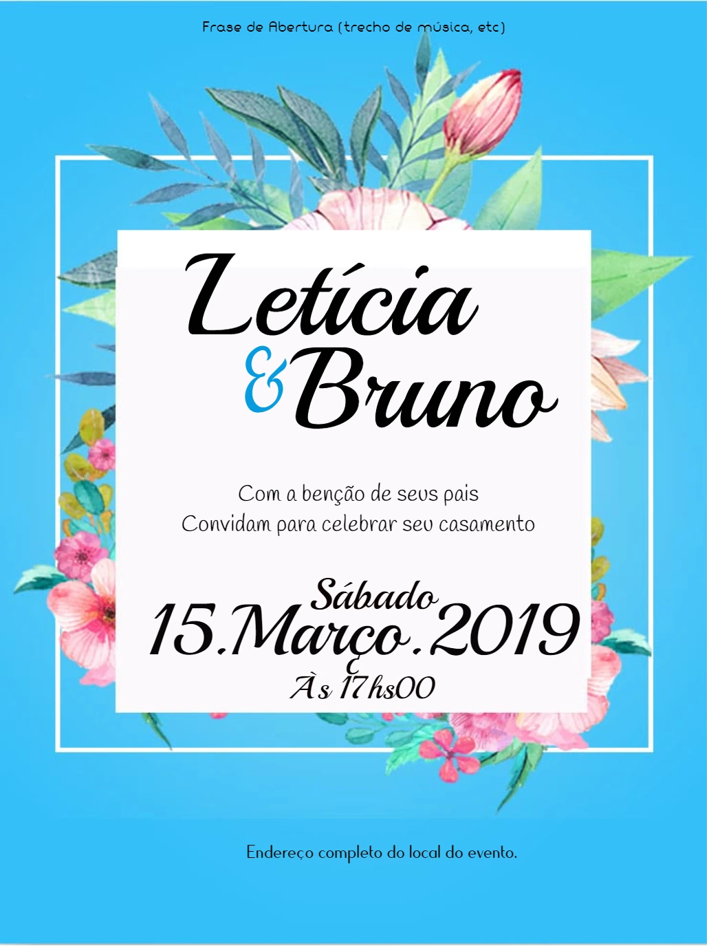 Convite de Casamento Floral Azul para Editar Online