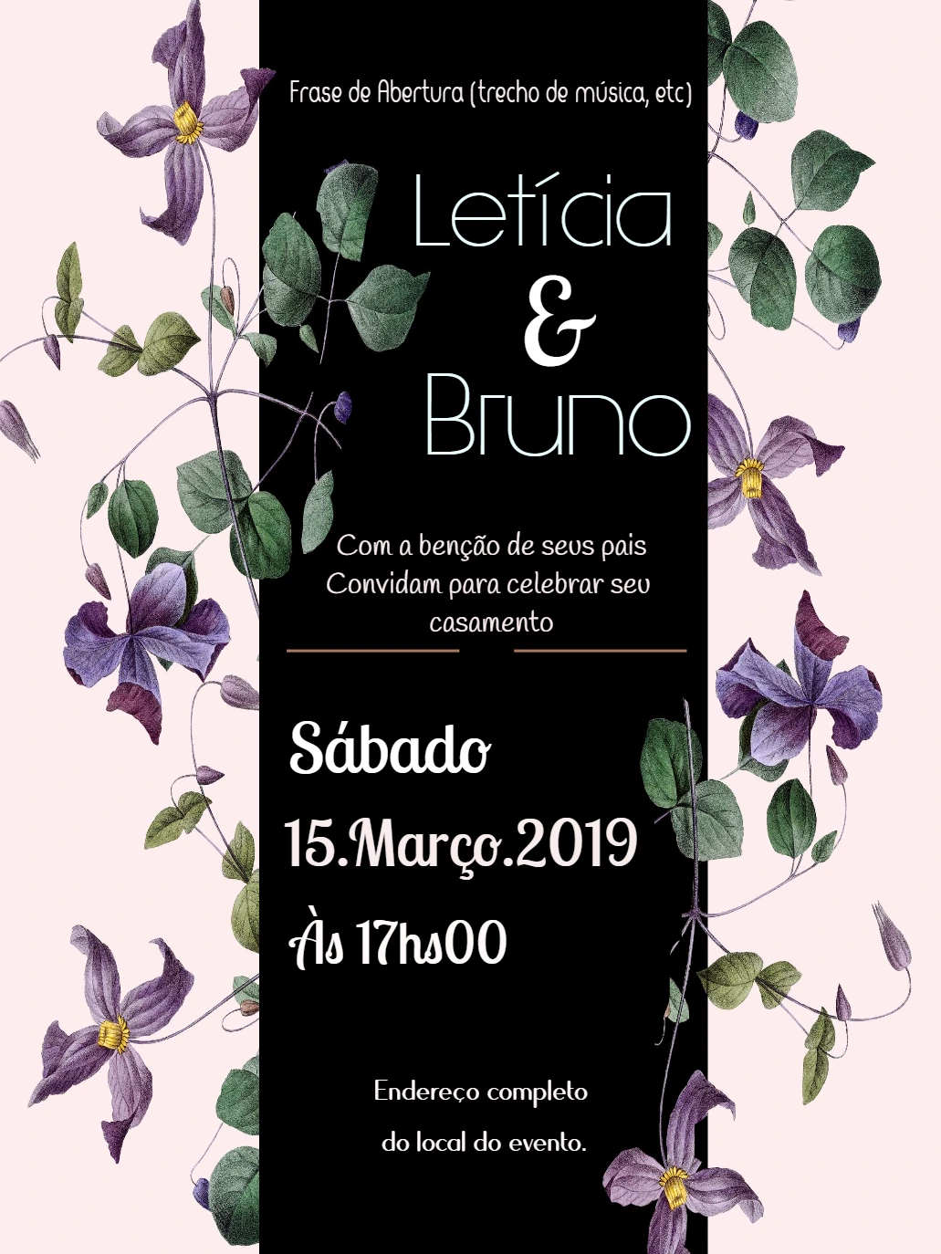 Convite de Casamento Floral com Flores Roxas para Editar Online