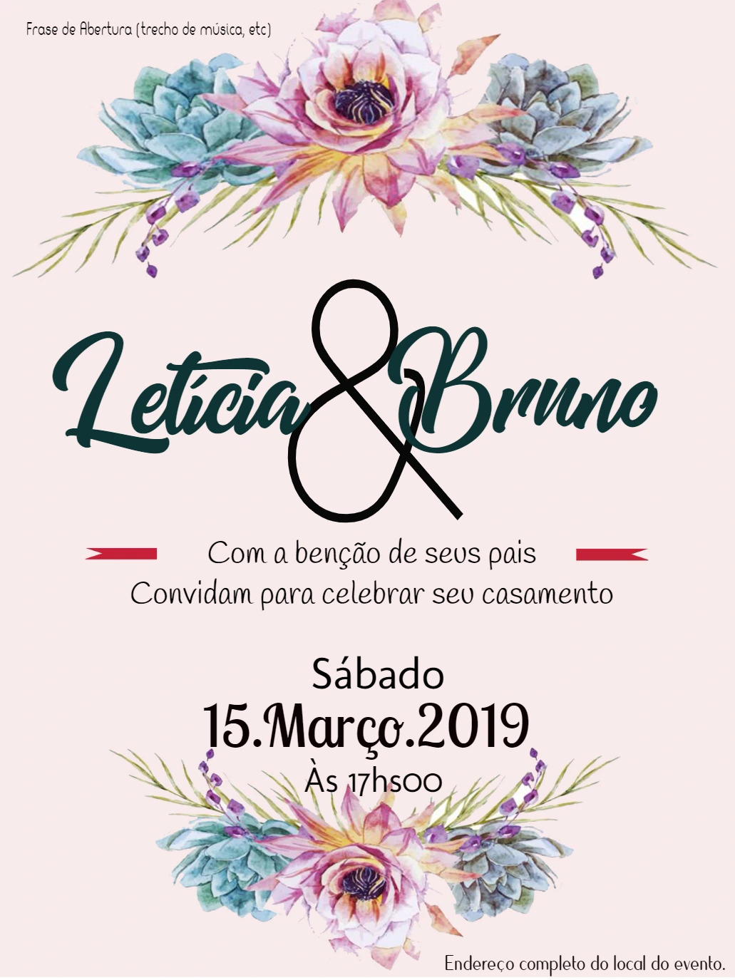 Convite de Casamento Floral com Suculentas para Editar Online