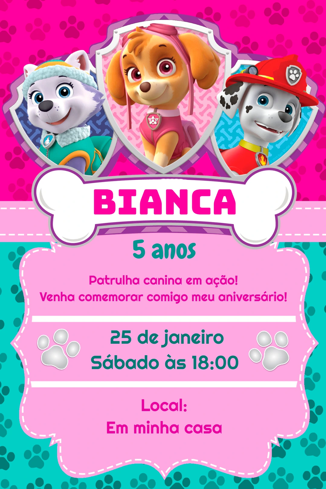 Convite Aniversário Patrulha Canina Menina para Editar Online