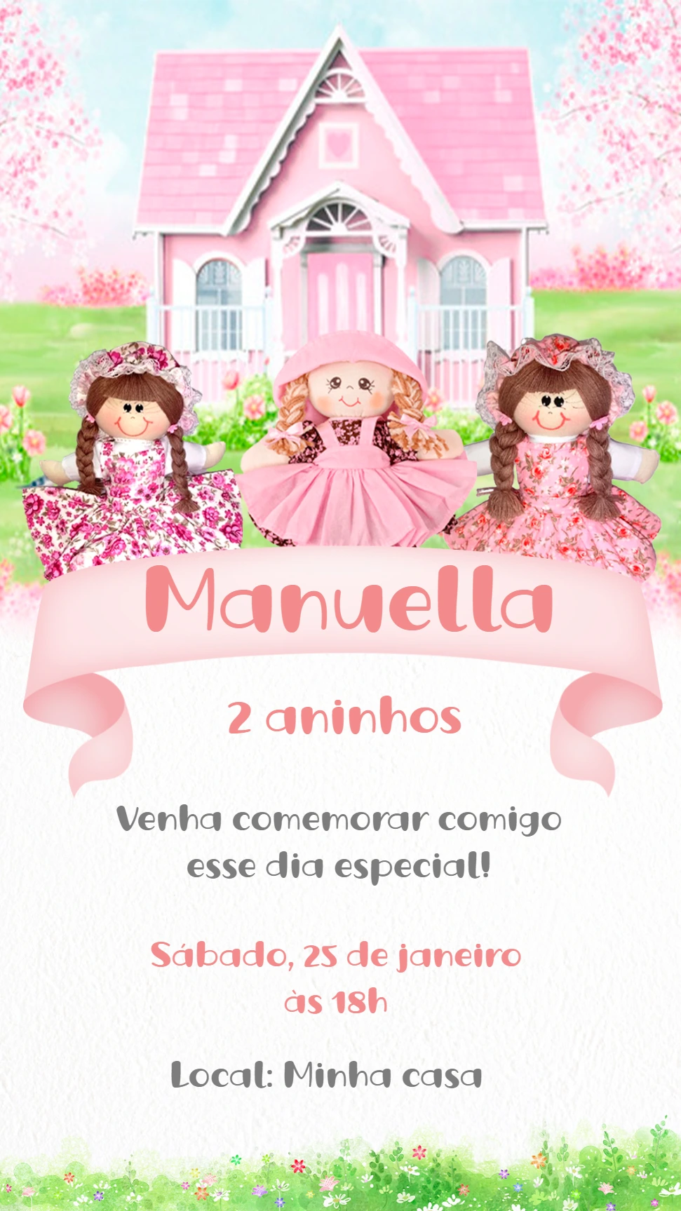 Convite Aniversário Casa de Boneca com Bonecas Fofas para Editar