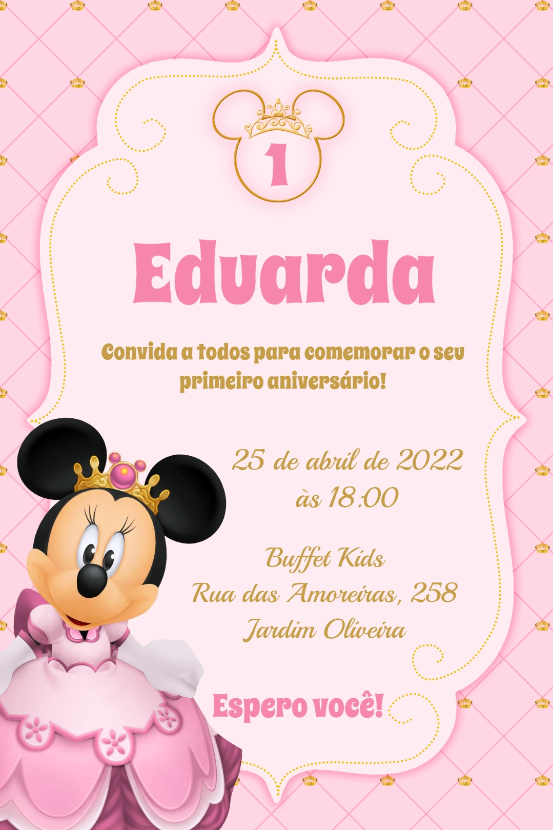 Convite Aniversário Minnie Princesa Rosa para Editar Online