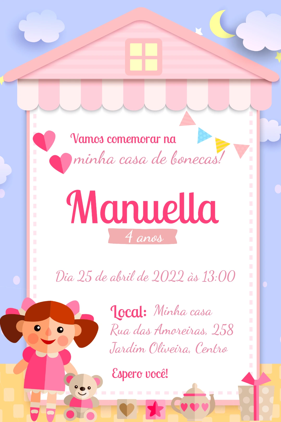 Convite Aniversário Casa de Bonecas para Editar Online