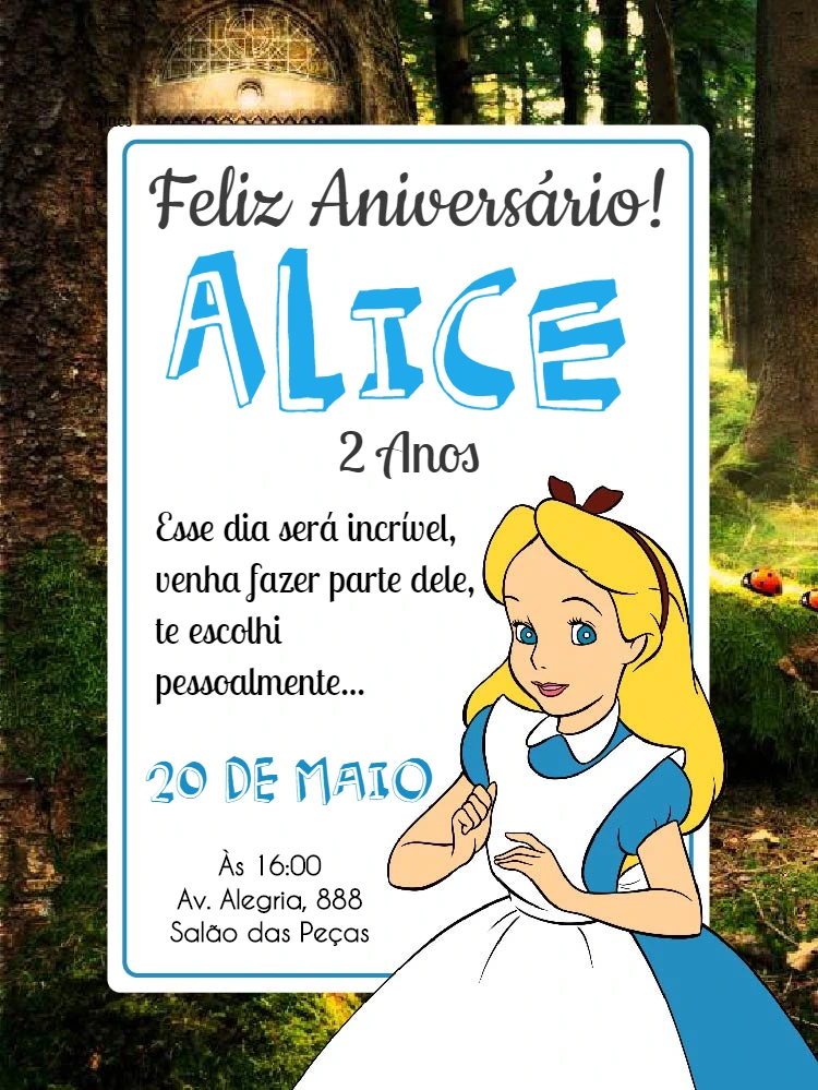 Convite Aniversário Alice no País das Maravilhas para Editar