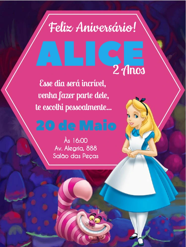 Convite Aniversário Alice no País das Maravilhas para Editar
