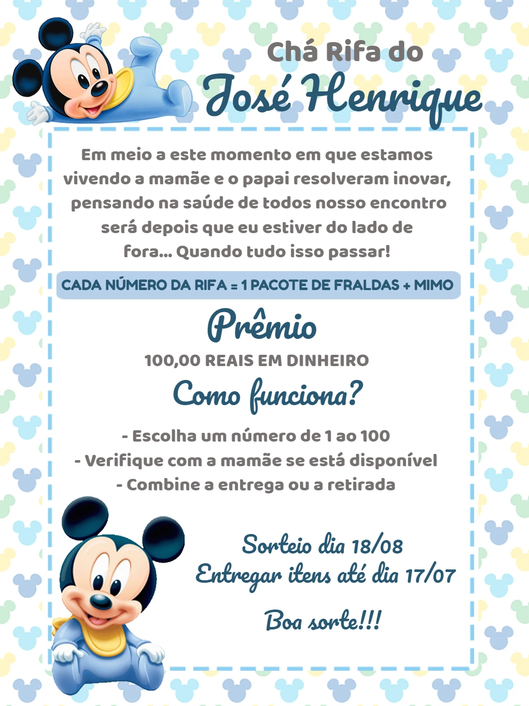 Chá Rifa Mickey Baby: Convite Digital para Editar Online