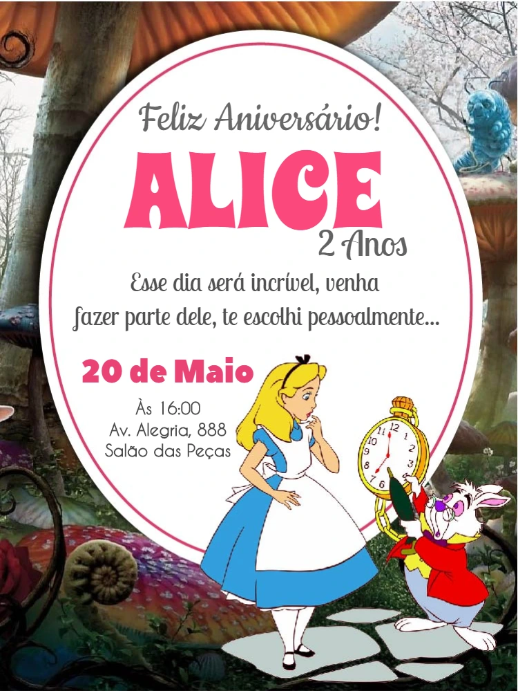 Convite Aniversário Alice no País das Maravilhas para Editar