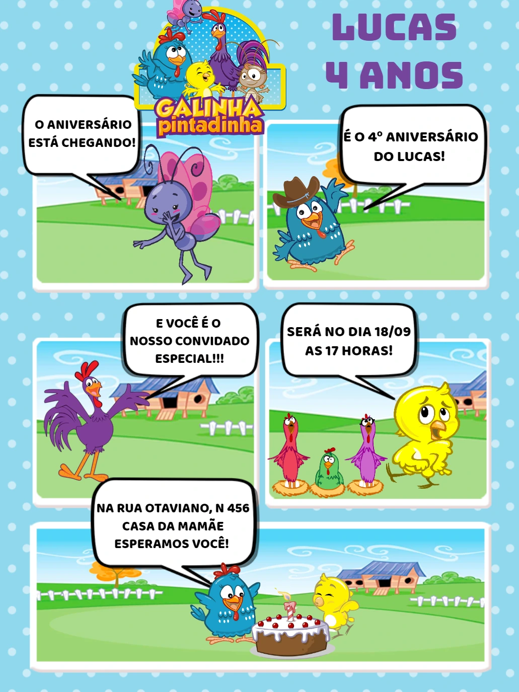 Convite Aniversário Galinha Pintadinha Quadrinhos para Editar