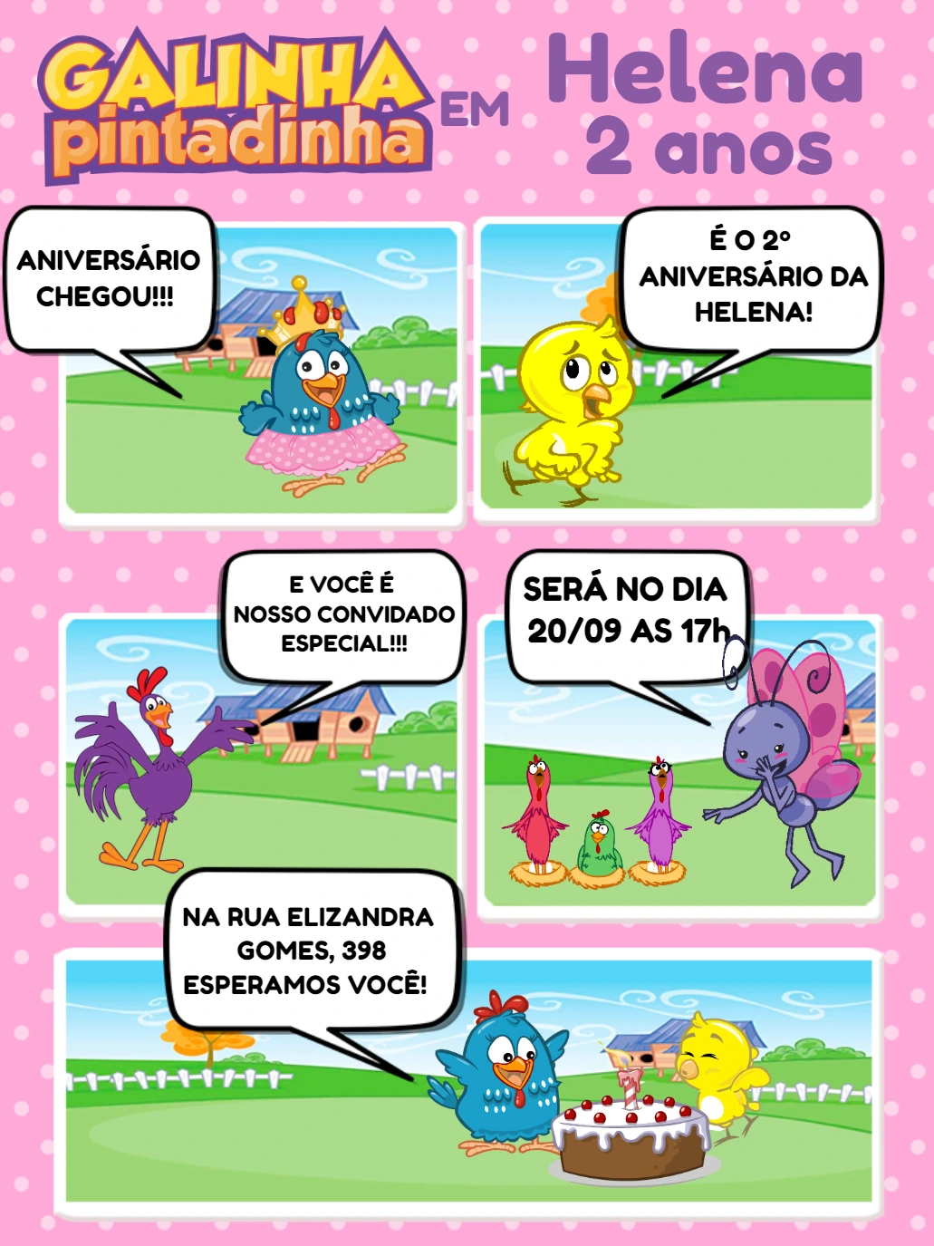Convite Aniversário Galinha Pintadinha Quadrinhos para Editar